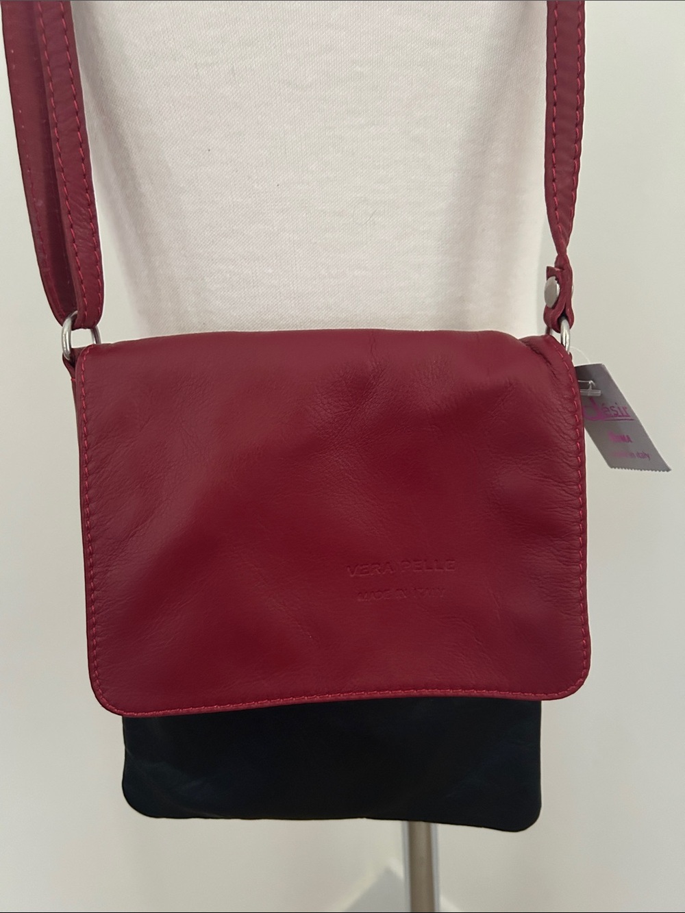 Vera Pelle Burgund/Black Leather Crossbody Bag NWT